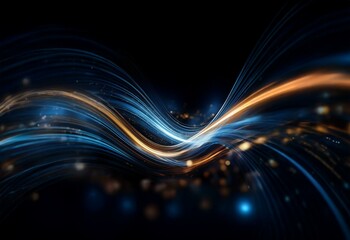 Poster - Blue and orange waves of light in a dark space with bokeh.