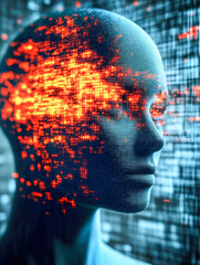 Poster - A digital human head is surrounded by vibrant glowing elements, representing connectivity and technology in a dynamic, futuristic atmosphere, intertwined with binaries.