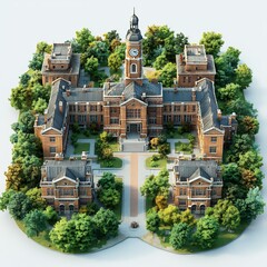 Poster - Top view 3D render of traditional redbrick school building with a towering clock nestled within a large green courtyard on isolated white background