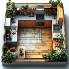 Poster - Top view 3D render of Ushaped kitchen with an island in the center open shelving units and a large fridge detailed floor plan on a white isolated background emphasizing layout