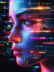 Poster - A futuristic portrayal of a human face immersed in vibrant digital patterns and glowing circuit-like elements, symbolizing technology's impact on humanity.