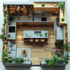 Poster - Top view 3D render of Ushaped kitchen with an island in the center open shelving units and a large fridge detailed floor plan on a white isolated background emphasizing layout