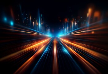 Wall Mural - A vibrant, blurred stream of blue and orange lights race toward the viewer.