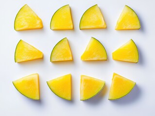 Wall Mural - Perfectly Sliced Yellow Melon Arranged in a Symmetrical Pattern on a White Background