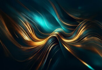 Leinwandbilder - Smooth, luminous, teal and gold lines curve and flow across a dark background.