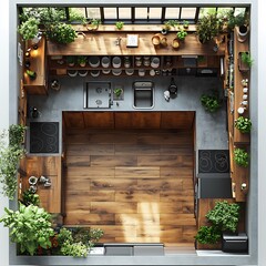 Poster - Top view 3D render of Ushaped kitchen with an island in the center open shelving units and a large fridge detailed floor plan on a white isolated background emphasizing layout