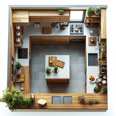 Poster - Top view 3D render of Ushaped kitchen with a central island open shelving and a large fridge detailed floor plan shown on a clean white background highlighting modern design