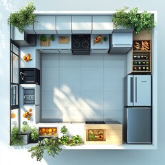 Poster - Top view 3D render of Ushaped kitchen with a central island open shelving and a large fridge detailed floor plan shown on a clean white background highlighting modern design