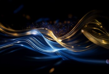 Aufkleber - Abstract gold and blue waves flow across a dark background.