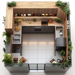 Poster - Top view 3D render of Ushaped kitchen with a central island open shelving and a large fridge detailed floor plan shown on a clean white background highlighting modern design