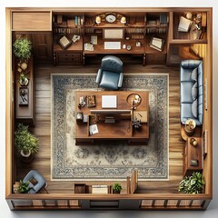 Poster - Top view 3D render of vintageinspired home office with an antique desk classic chair and retro dcor open floor plan isolated on a bright white background