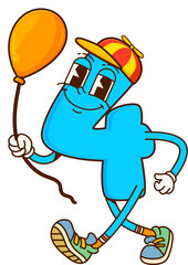 Poster - Cartoon math number four groovy character wears cap with propeller and holding balloon. Isolated cute and funny vector playful 4 figure mathematics numeric baby personage with cheerful friendly smile