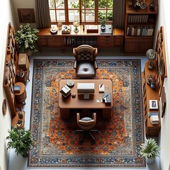 Poster - Top view 3D render of vintageinspired home office with an antique desk classic chair and retro dcor open floor plan isolated on a bright white background