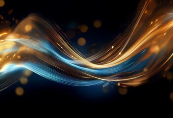 Canvas Print - Abstract swirling  gold and blue light streaks with out of focus bokeh lights on a black background.