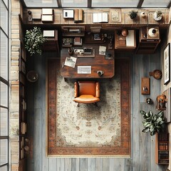 Poster - Top view 3D render of vintageinspired home office with an antique desk classic chair and retro dcor open floor plan isolated on a bright white background