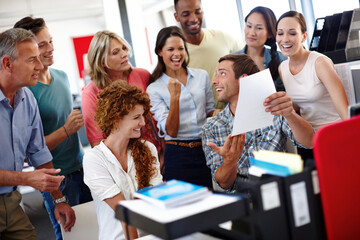 Aufkleber - Man, group and celebration with document in office for goals, success and profit at media company. Person, excited team and diversity with support, cheers and contract at startup creative agency