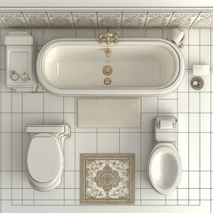 Poster - Top view 3D render of vintage bathroom featuring a pedestal sink classic bathtub and toilet detailed floor plan shown on a clean white background highlighting classic design elements