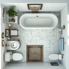 Poster - Top view 3D render of vintage bathroom featuring a pedestal sink classic bathtub and toilet detailed floor plan shown on a clean white background highlighting classic design elements