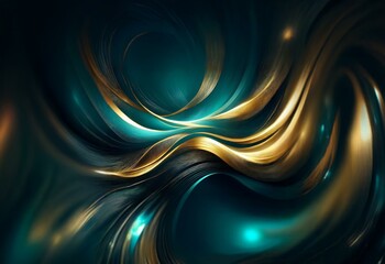 Aufkleber - Abstract swirling metallic teal and gold waves on a dark background.