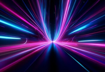 Poster - Neon blue and pink lights converge in the center of a black background, creating an abstract, futuristic tunnel effect.