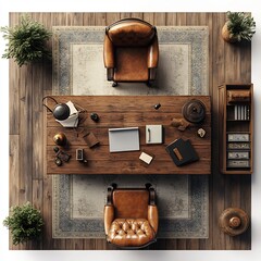 Poster - Top view 3D render of vintage home office featuring an antique wooden desk a classic leather chair and retro lamps detailed floor plan with retro decor isolated on a white background