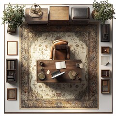 Poster - Top view 3D render of vintage home office featuring an antique wooden desk a classic leather chair and retro lamps detailed floor plan with retro decor isolated on a white background