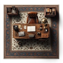 Poster - Top view 3D render of vintage home office featuring an antique wooden desk a classic leather chair and retro lamps detailed floor plan with retro decor isolated on a white background