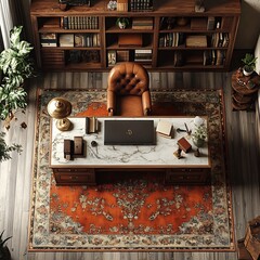 Poster - Top view 3D render of vintage study with an antique desk retro decor classic chair and vintage lighting open floor plan isolated on a crisp white background