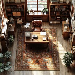 Poster - Top view 3D render of vintage study with an antique desk retro decor classic chair and vintage lighting open floor plan isolated on a crisp white background