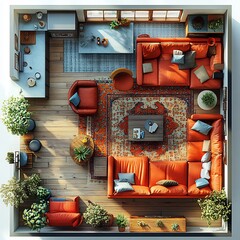 Poster - Top view 3D render of eclectic family room with a mix of colorful furniture pieces and a detailed floor plan shown on a bright white background emphasizing the dynamic decor