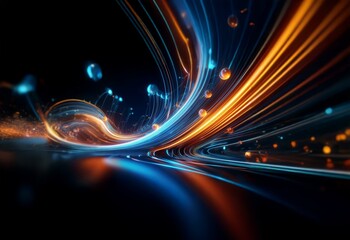 Poster - Abstract digital art with flowing lines and glowing orbs in shades of blue and orange against a black background.
