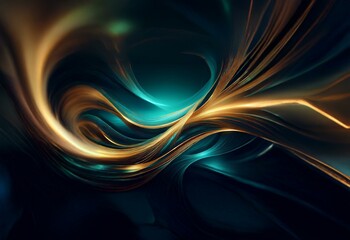 Poster - Abstract swirling shapes in gold and teal against a dark background.