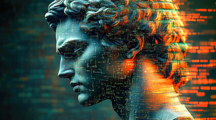 Poster - A classical sculpture bust intertwined with digital neon lights, representing a fusion of past and modern technology amidst intricate data patterns.