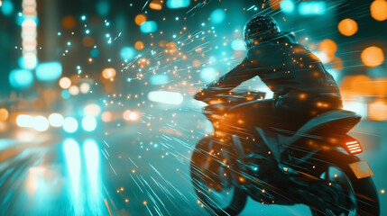Poster - A motorcycle rushes through a night city in motion. Around are blurred lights of the city and traffic