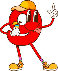 Poster - Cartoon math number nine groovy character on fitness sport. Red digit 9 personage in a sporty hat, sipping a drink and striking a fun pose, promotes themes of health, education and whimsy for children