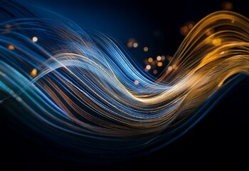 Aufkleber - Abstract digital art featuring flowing lines of blue and gold with a black background.