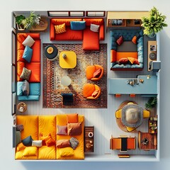 Poster - Top view 3D render of eclectic family room featuring vibrant colorful furniture with a detailed floor plan displayed on a clean white background showcasing diverse design elements