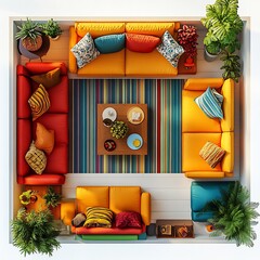 Poster - Top view 3D render of eclectic family room featuring vibrant colorful furniture with a detailed floor plan displayed on a clean white background showcasing diverse design elements