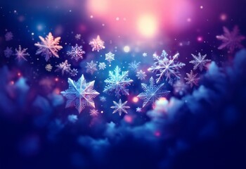 Poster - A vibrant and colorful abstract image features intricate snowflakes falling against a dark blue background with glowing light effects.