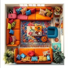Poster - Top view 3D render of eclectic family room featuring vibrant colorful furniture with a detailed floor plan displayed on a clean white background showcasing diverse design elements