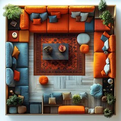 Poster - Top view 3D render of eclectic family room with an assortment of colorful furniture and a welldetailed floor plan displayed on a white isolated background emphasizing eclectic style
