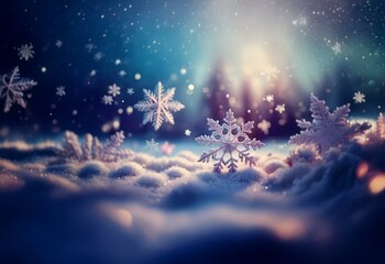 Aufkleber - A snowy winter scene with falling snowflakes, a glowing forest in the background, and a soft light shining through the trees.