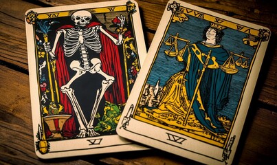 Two tarot cards, Death and Justice, on wood.