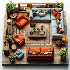 Poster - Top view 3D render of eclectic family room with an assortment of colorful furniture and a welldetailed floor plan displayed on a white isolated background emphasizing eclectic style