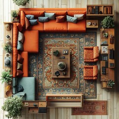 Poster - Top view 3D render of eclectic family room with an assortment of colorful furniture and a welldetailed floor plan displayed on a white isolated background emphasizing eclectic style