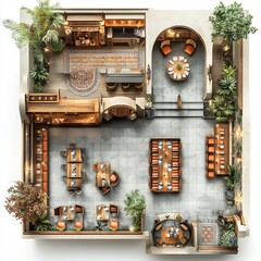 Poster - Top view 3D render of ethnic restaurant layout with distinct seating areas for different cuisines central kitchen and a decorative entrance depicted on a white background showcasing the space