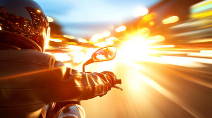 Poster - A motorcycle rushes through a night city in motion. Around are blurred lights of the city and traffic