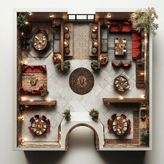 Poster - Top view 3D render of ethnic restaurant layout with distinct seating areas for different cuisines central kitchen and a decorative entrance depicted on a white background showcasing the space