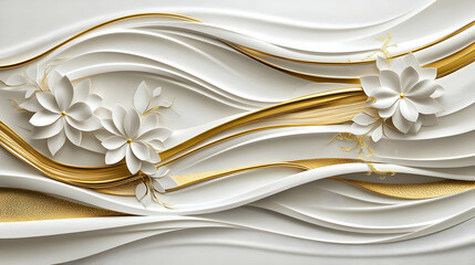 Sticker - White Flowers on Golden Wavy Lines 3D Illustration