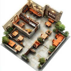 Poster - Top view 3D render of ethnic restaurant showcasing distinct seating areas for various cuisines central kitchen and decorative entrance detailed floor plan on an isolated white background